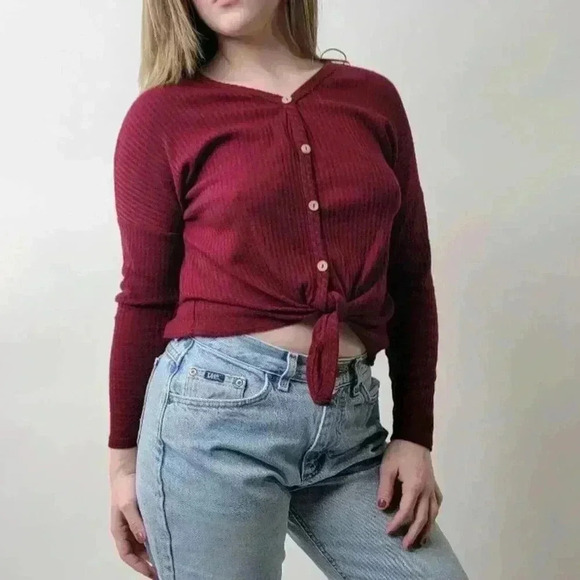 Maroon Burgundy Waffle Knit Crop Top Long Sleeve - XS - Picture 3 of 7